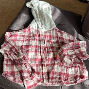 American Eagle Outfitters Red and White Plaid Button Down Hoodie